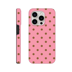 Pink and brown polka dot tough iPhone case with opaque gloss finish. Cute shock-absorbing phone cover for iPhone 13-16 models.