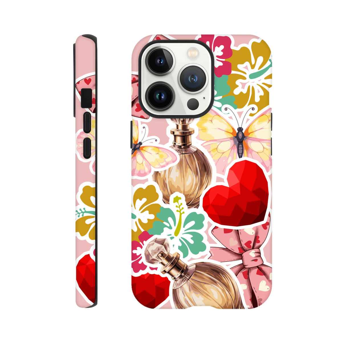 Pink iPhone case featuring sticker art of butterflies, perfumes, hibiscus flowers, and red hearts on a tough outer shell.