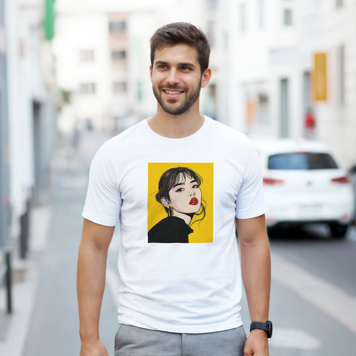 Man wearing white Pop Art graphic tee featuring a woman portrait with red lips on a yellow background for bold streetwear style.