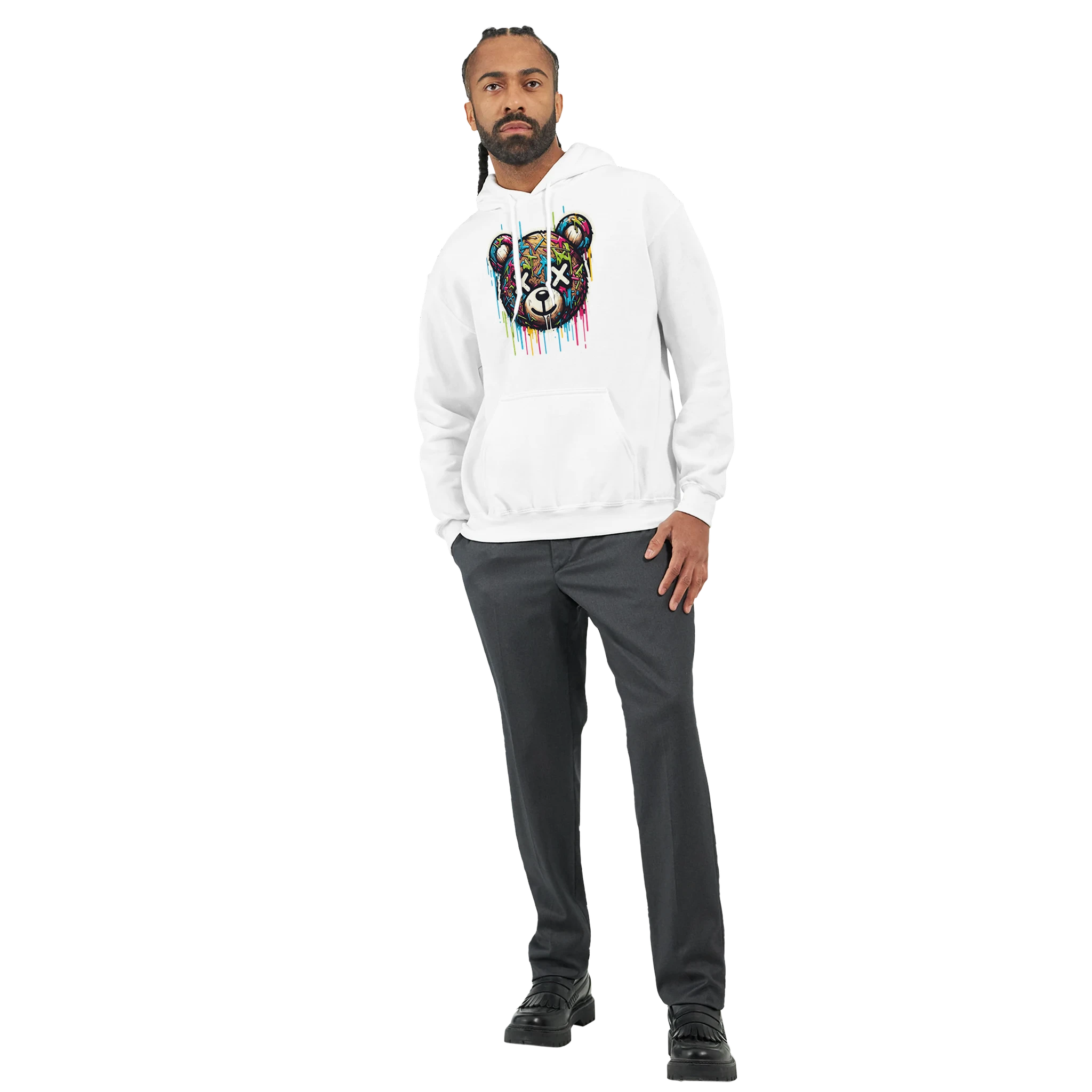 Male model in white Teddy Bear Hoodie with colorful bear graphic and front kangaroo pocket.