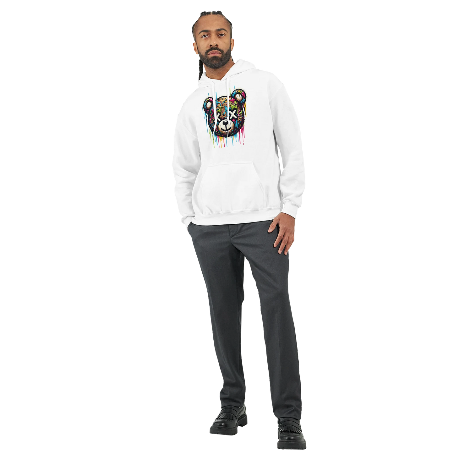 Man wearing a white men's teddy bear sweatshirt with a colorful graphic design on a white background. 2