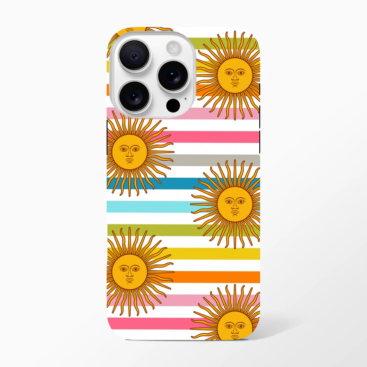 Retro sun stripe iPhone case featuring celestial sun motifs with faces on colorful horizontal stripes for durable daily protection.
