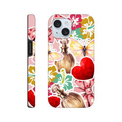 Pink floral iPhone case with sticker effect design featuring butterflies, perfume bottles, red hearts, and hibiscus flowers on a tough cover.