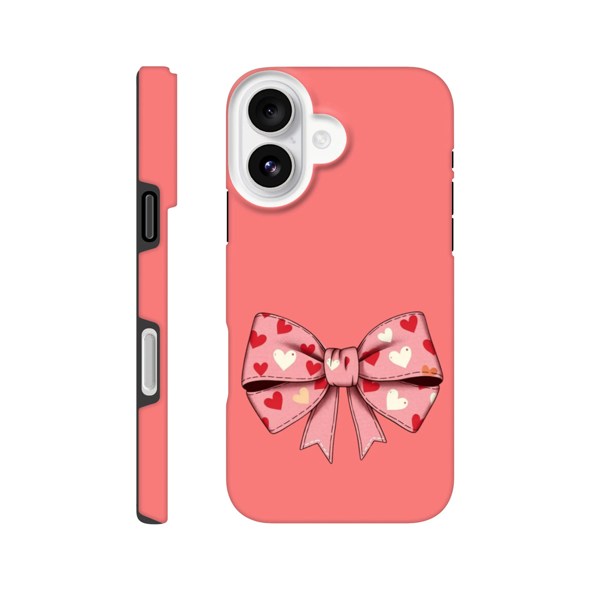 Pink tough iPhone case featuring a large bow with red and white heart pattern, perfect for cute coquette aesthetic phone covers.