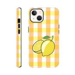 Yellow and orange gingham iPhone case featuring a whole and sliced lemon illustration with green leaf.