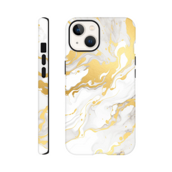 Luxury white and gold marble iPhone case with abstract swirling pattern. Seamless wraparound design for a gallery-grade finish.