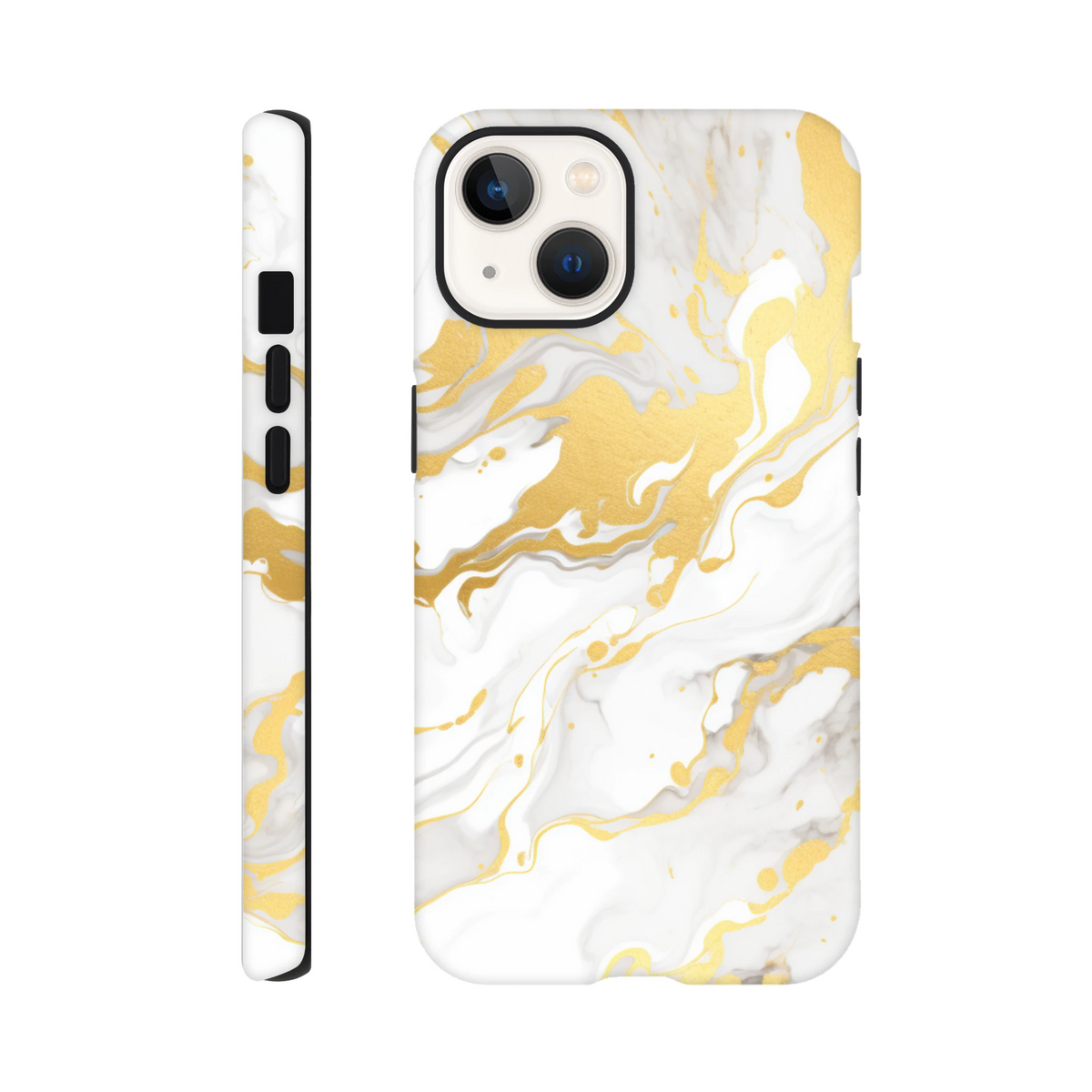 Luxury white and gold marble iPhone case with abstract swirling pattern. Seamless wraparound design for a gallery-grade finish.