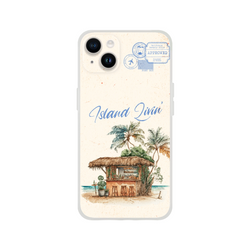 Vintage postcard-style iPhone case featuring island holiday scene with palm trees, a thatched hut, and retro stamps.