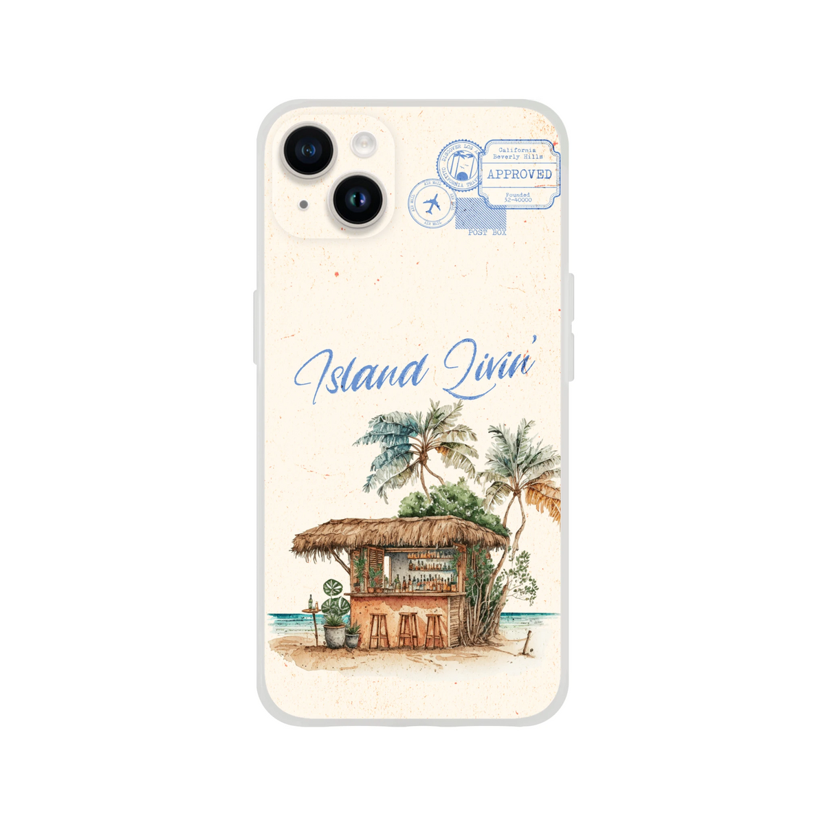Vintage postcard-style iPhone case featuring island holiday scene with palm trees, a thatched hut, and retro stamps.
