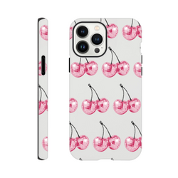 Wraparound glitter pink cherry print dual-layer tough protective cover for iPhone 16-13 with glossy finish.