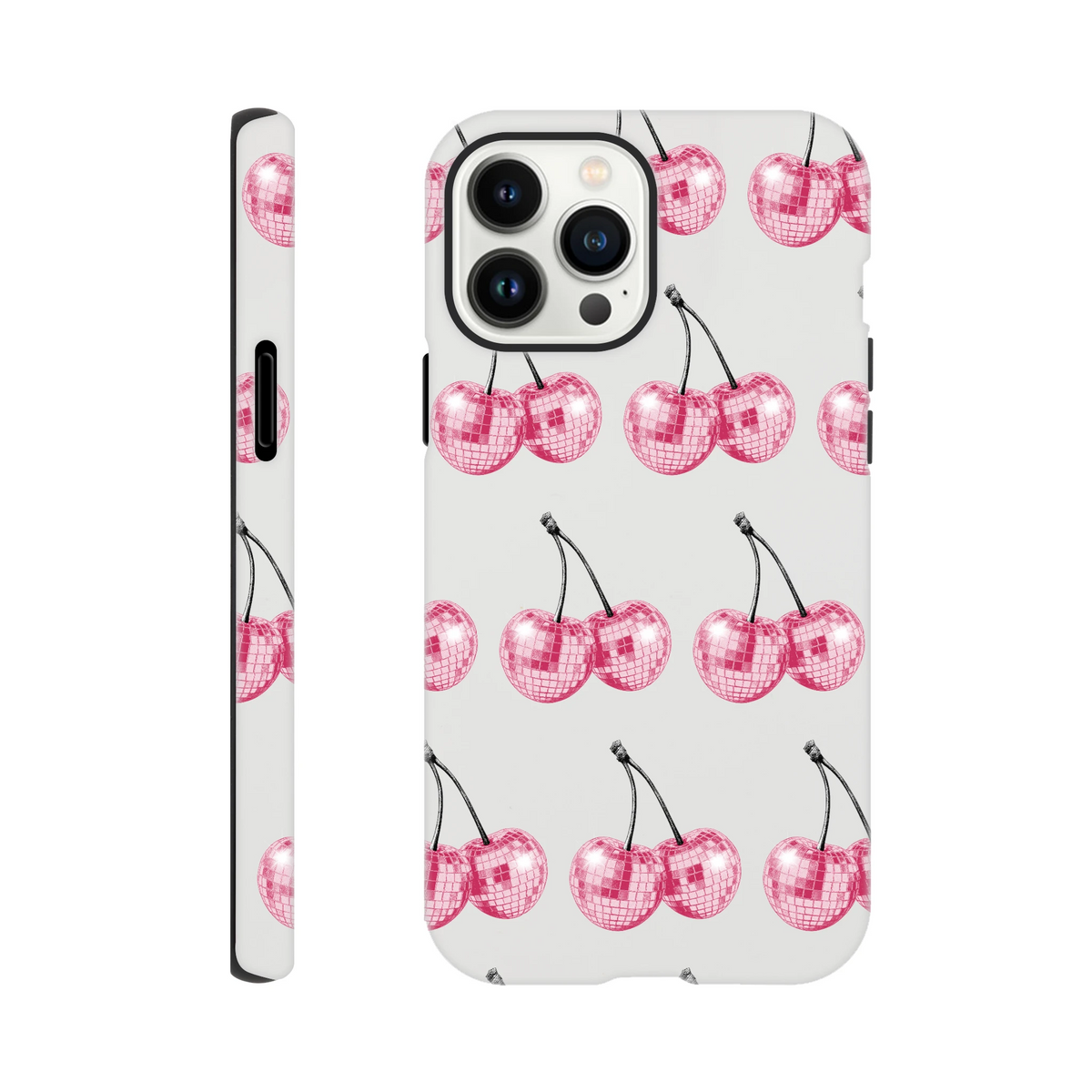 Wraparound glitter pink cherry print dual-layer tough protective cover for iPhone 16-13 with glossy finish.