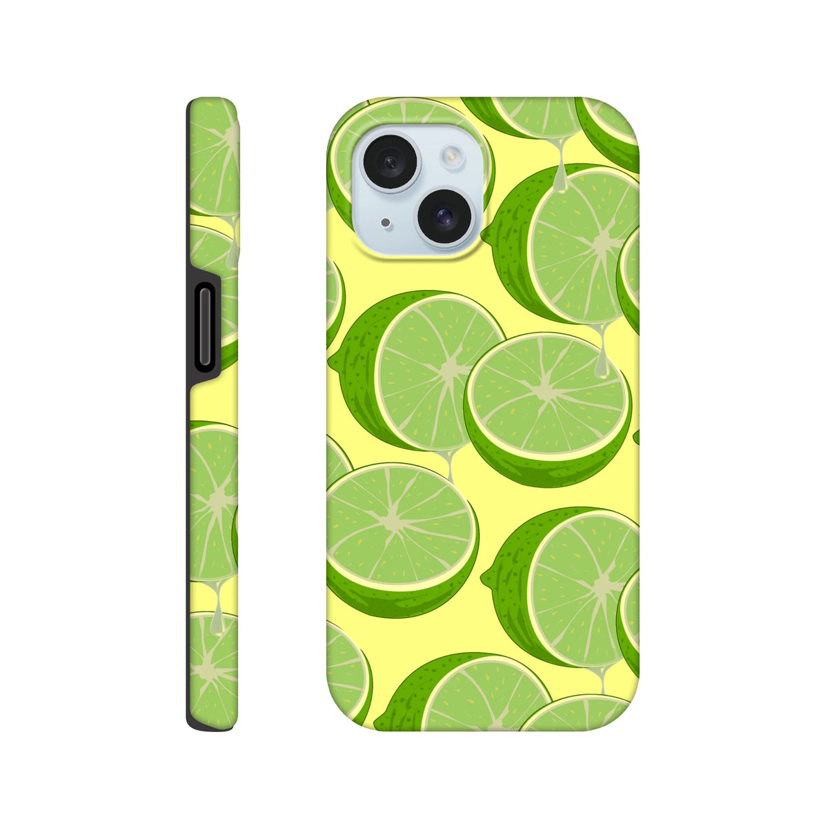 Tough green lime pattern iPhone case featuring fresh citrus slices on a yellow background for impact protection and streetwear style.