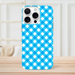 Retro blue gingham checkered tough iPhone case with shock-absorbing protection and wireless charging compatibility.