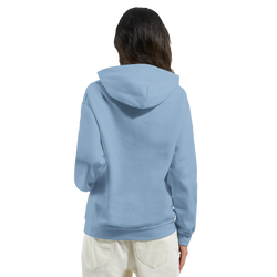 Back view of a woman wearing a light blue coquette graphic pullover hoodie with a relaxed drape and hood.