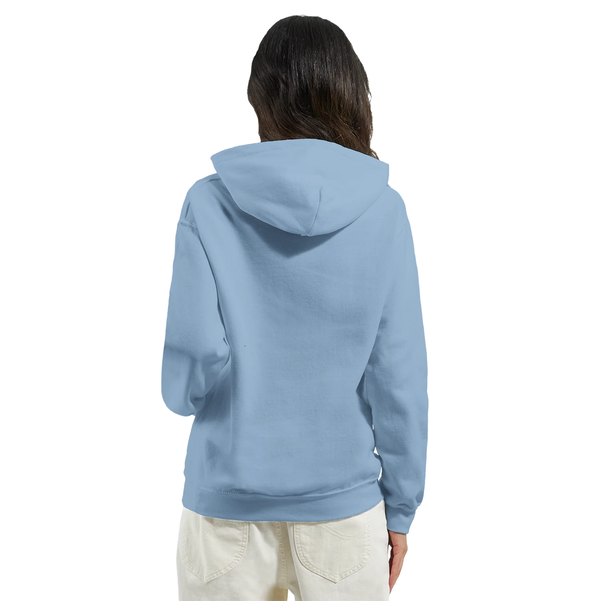 Back view of a woman wearing a light blue coquette graphic pullover hoodie with a relaxed drape and hood.