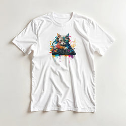 White men's streetwear tee featuring a colorful graphic of a cat DJ mixing on turntables with vibrant paint splashes and headphones.