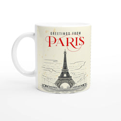 Vintage Paris mug with Eiffel Tower illustration and retro postcard design for coffee or tea.