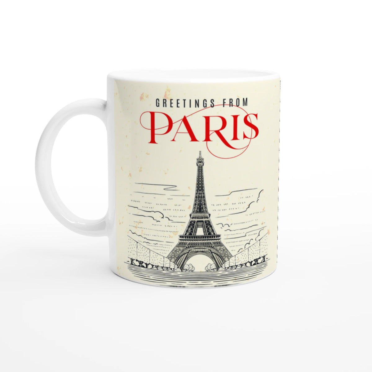 Vintage Paris mug with Eiffel Tower illustration and retro postcard design for coffee or tea.