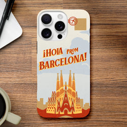 Vintage Barcelona postcard iPhone case featuring Sagrada Familia illustration and "Hola from Barcelona" text for iPhone 13-16.