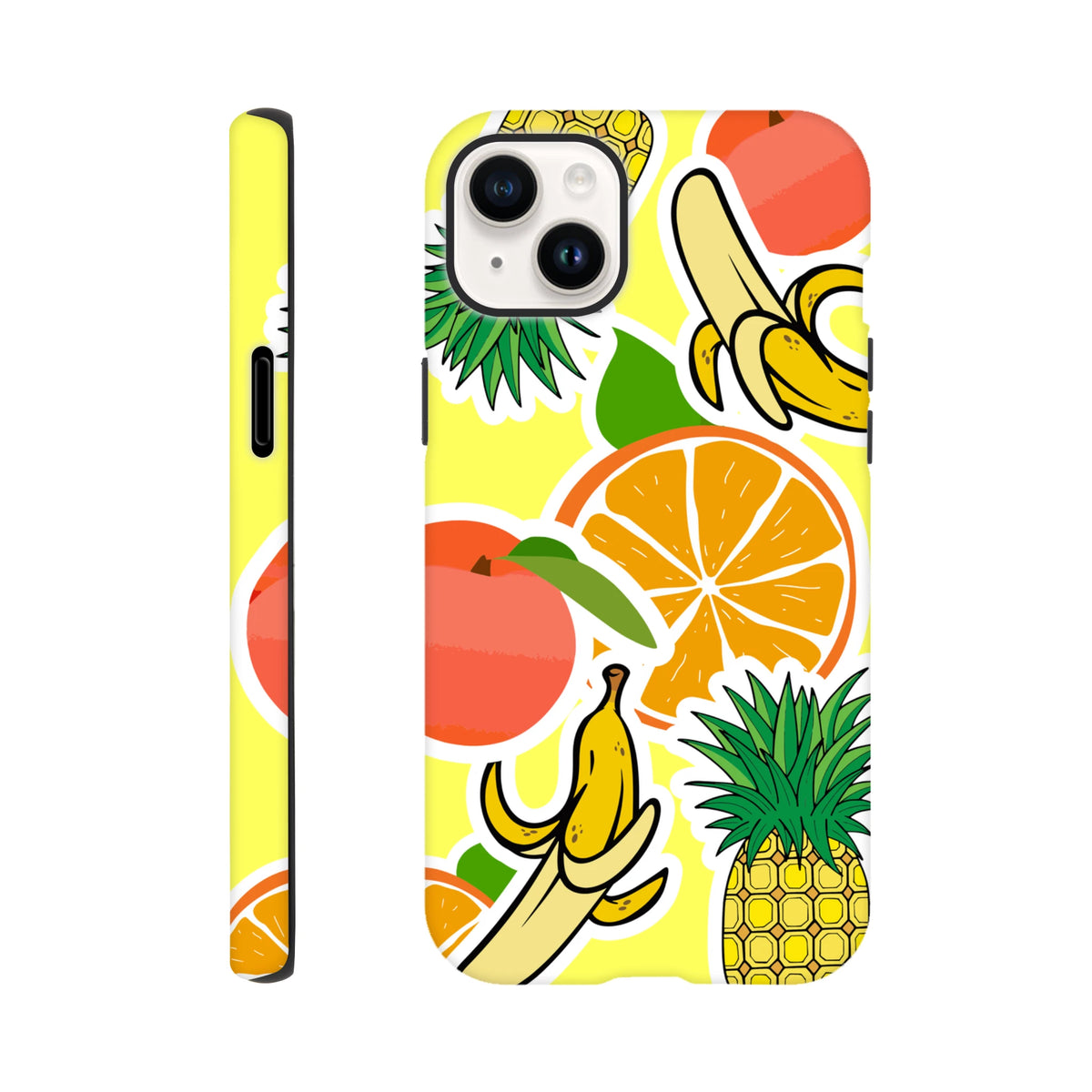 Yellow iPhone case featuring bold tropical fruit sticker effect design with orange, banana, and pineapple graphics on a bright background.