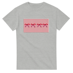 Cute Red Bow Gingham T‑Shirt for Women on a gray tee with a red gingham panel and three bows.