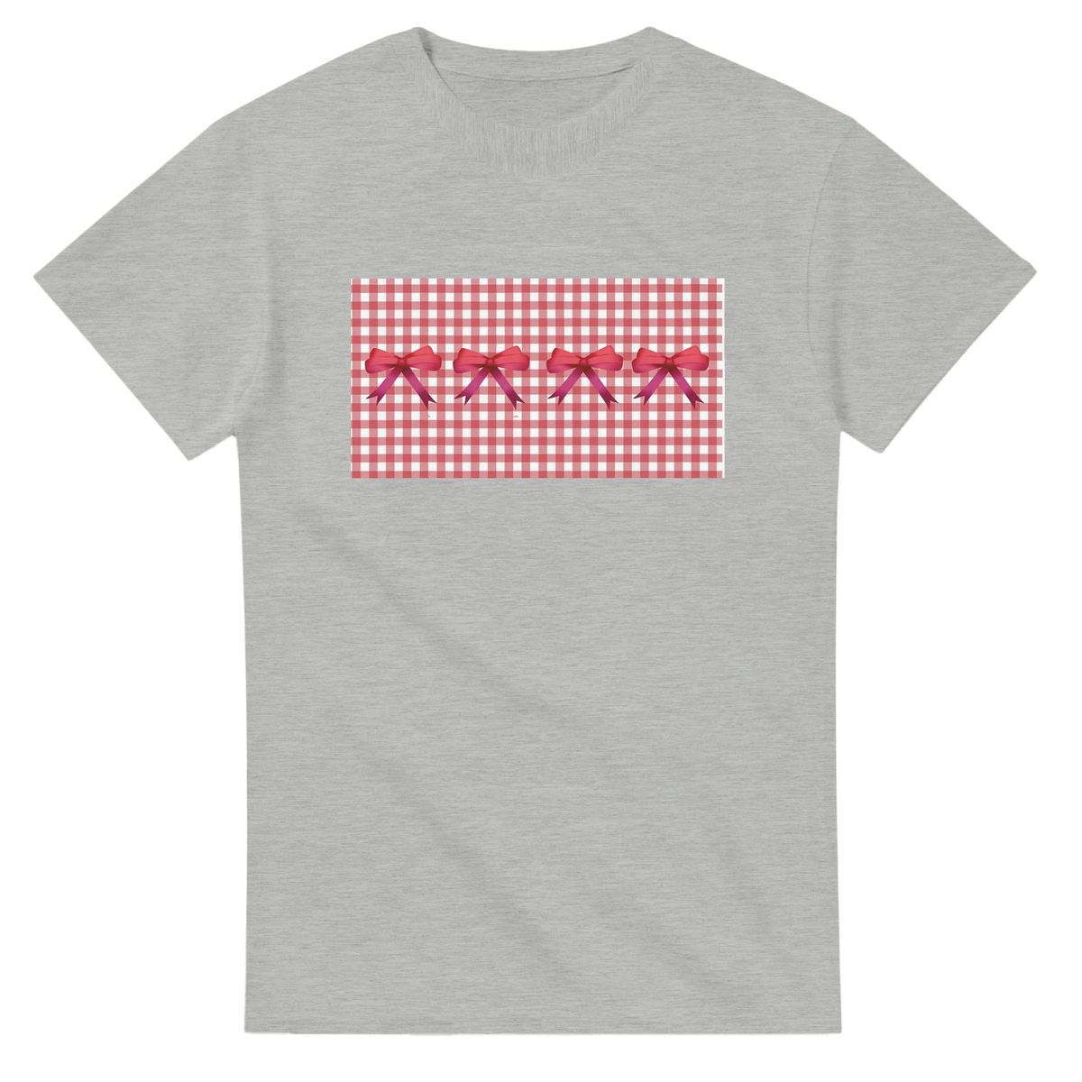 Cute Red Bow Gingham T‑Shirt for Women on a gray tee with a red gingham panel and three bows.