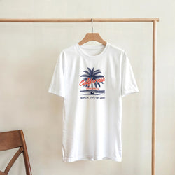 White women's California graphic T-shirt on a hanger featuring a blue palm tree and red California script.