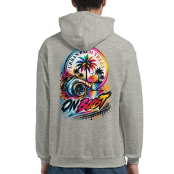 Grey men's petrolhead hoodie featuring "On Boost" turbo graphic with colorful palm trees and sunset design on the back.