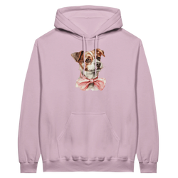 Light pink women's hoodie featuring a cute dog illustration with a pink bow on the chest and a front pocket.
