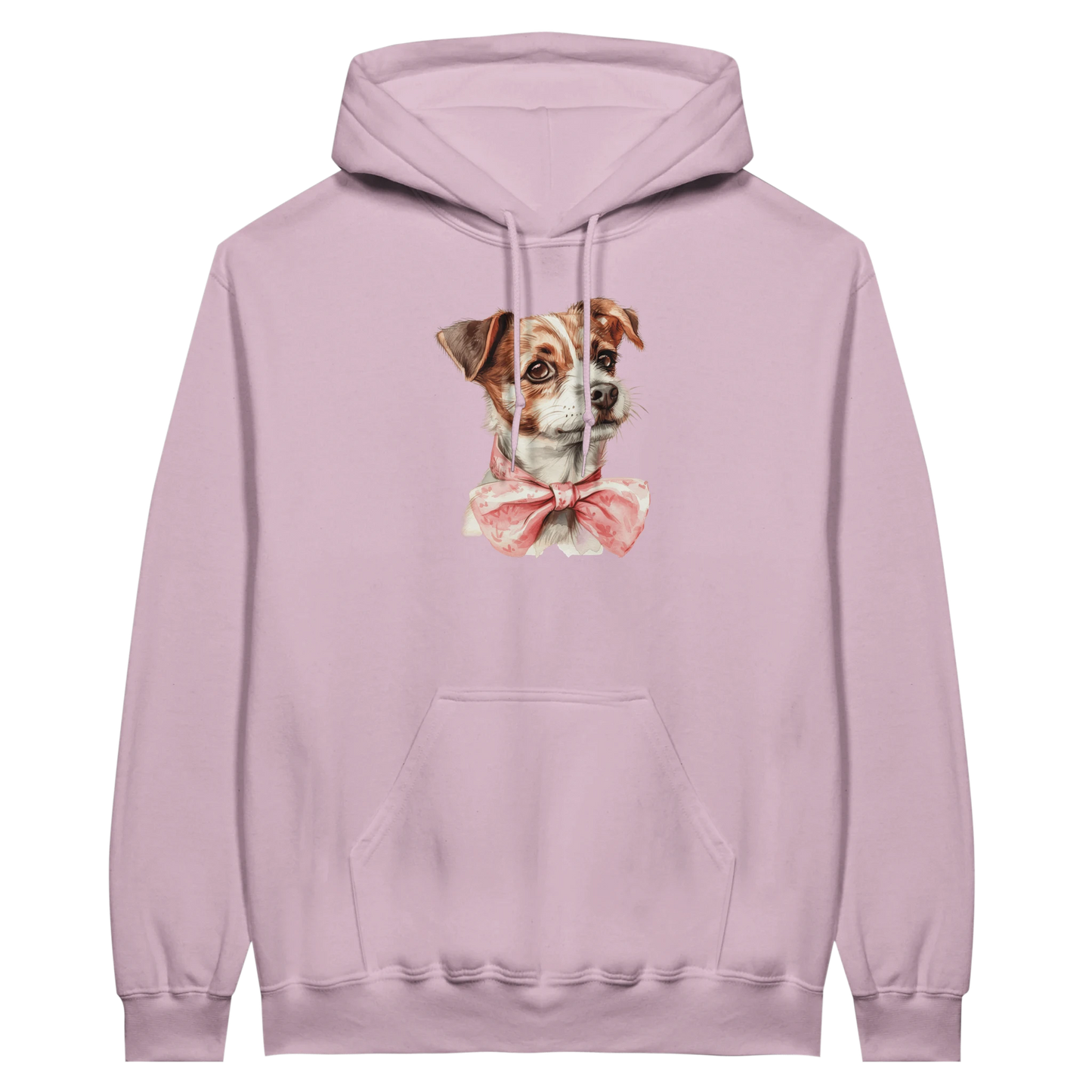 Light pink women's hoodie featuring a cute dog illustration with a pink bow on the chest and a front pocket.