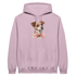Light pink women's hoodie featuring a cute dog illustration with a pink bow on the chest and a front pocket.