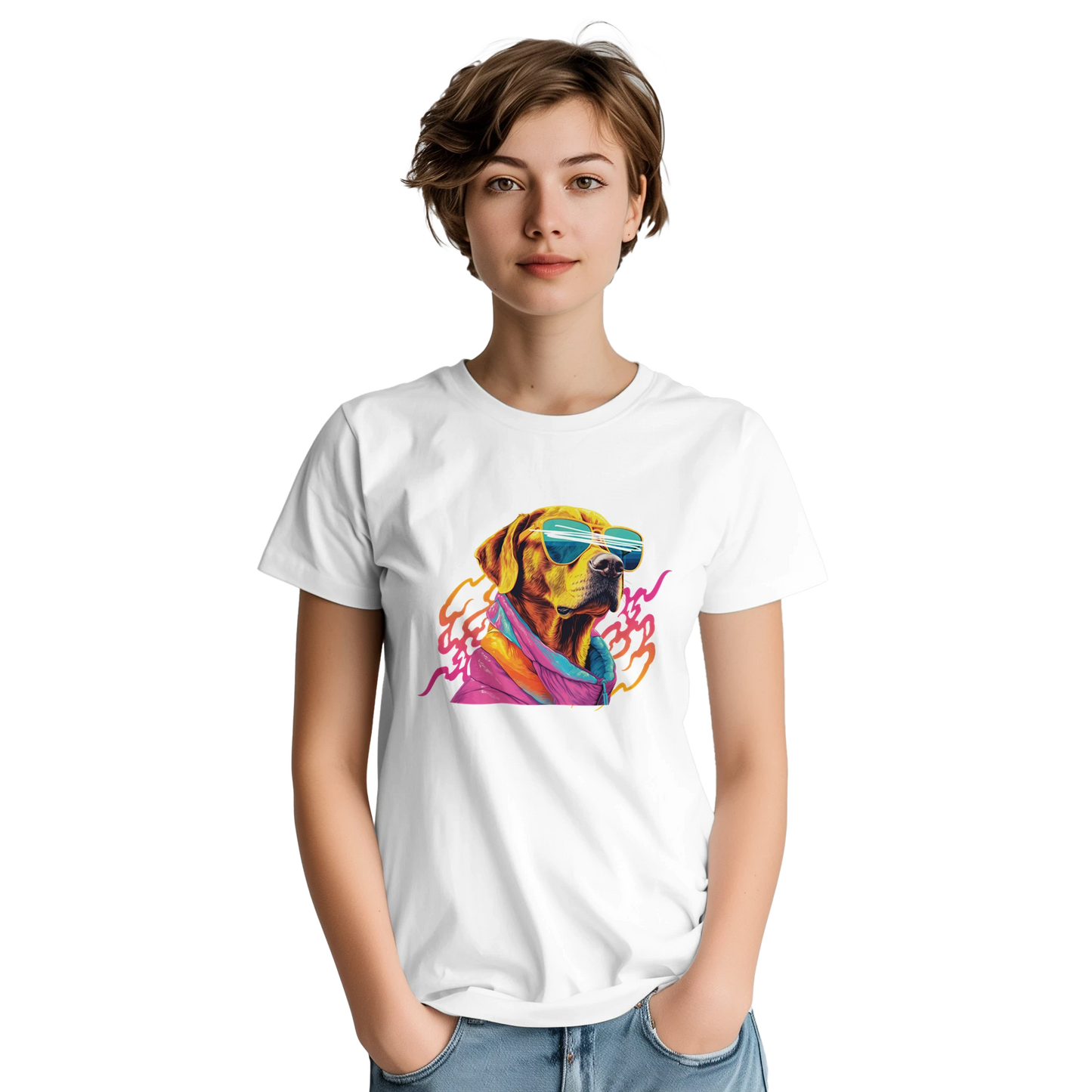 White women's graphic tee featuring a colorful dog wearing sunglasses and scarf; soft cotton blend