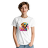 White women's graphic tee featuring a colorful dog wearing sunglasses and scarf; soft cotton blend