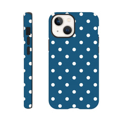 Navy blue and white polka dot tough iPhone case with wraparound glossy graphics, shock-absorbing TPU, and precise openings for iPhone 13-16.