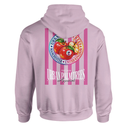 Lavender hoodie featuring retro striped fruit back print with red apples and Urban Palm Trees text.