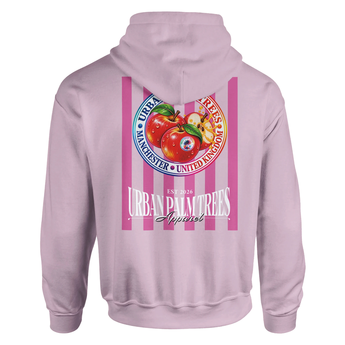 Lavender hoodie featuring retro striped fruit back print with red apples and Urban Palm Trees text.