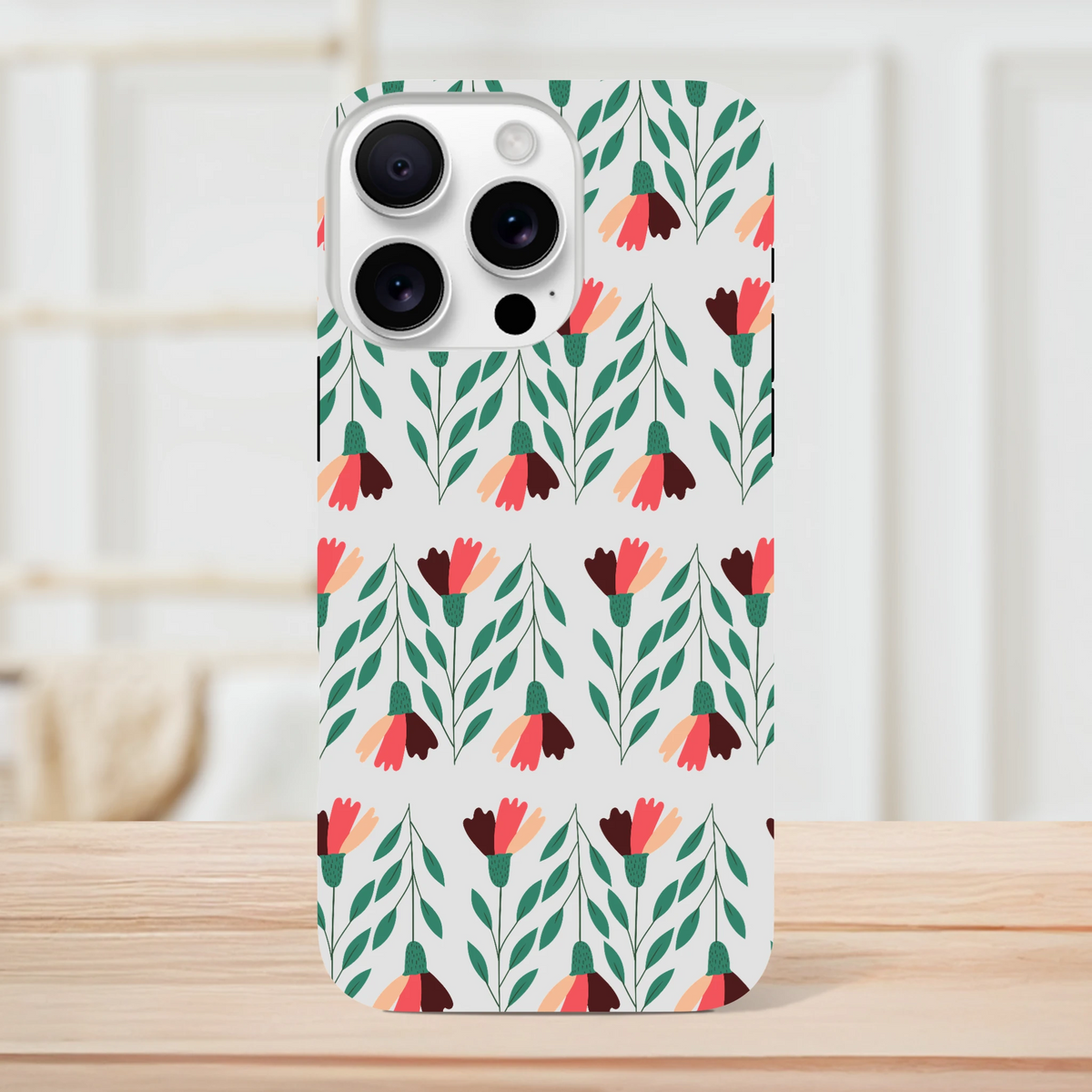 Floral wraparound print, dual-layer protective case for iPhone 16-13; white background, green leaves and red flowers