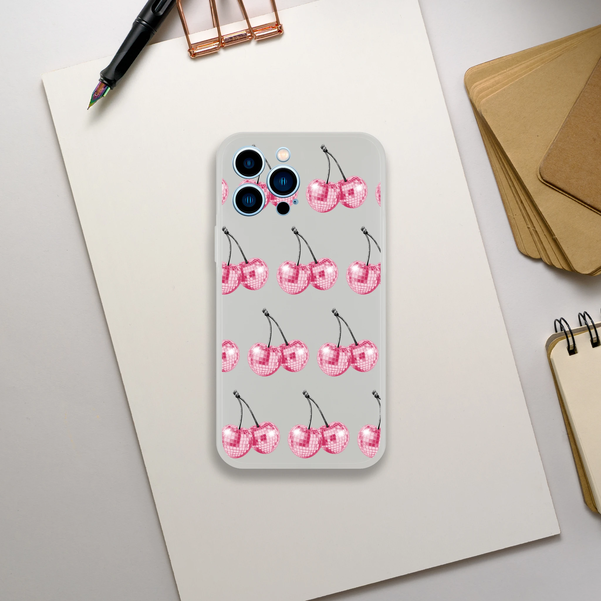 Glitter ball cherries on frosty transparent phone case for iPhone 13-16