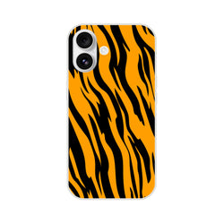 Orange and black tiger-print iPhone case (13-16) with bold animal aesthetic, slim matte-finish shell.