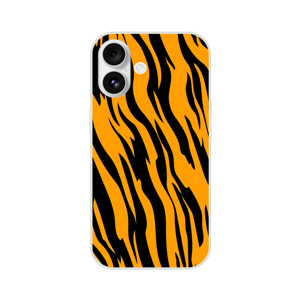 Orange and black tiger-print iPhone case (13-16) with bold animal aesthetic, slim matte-finish shell.