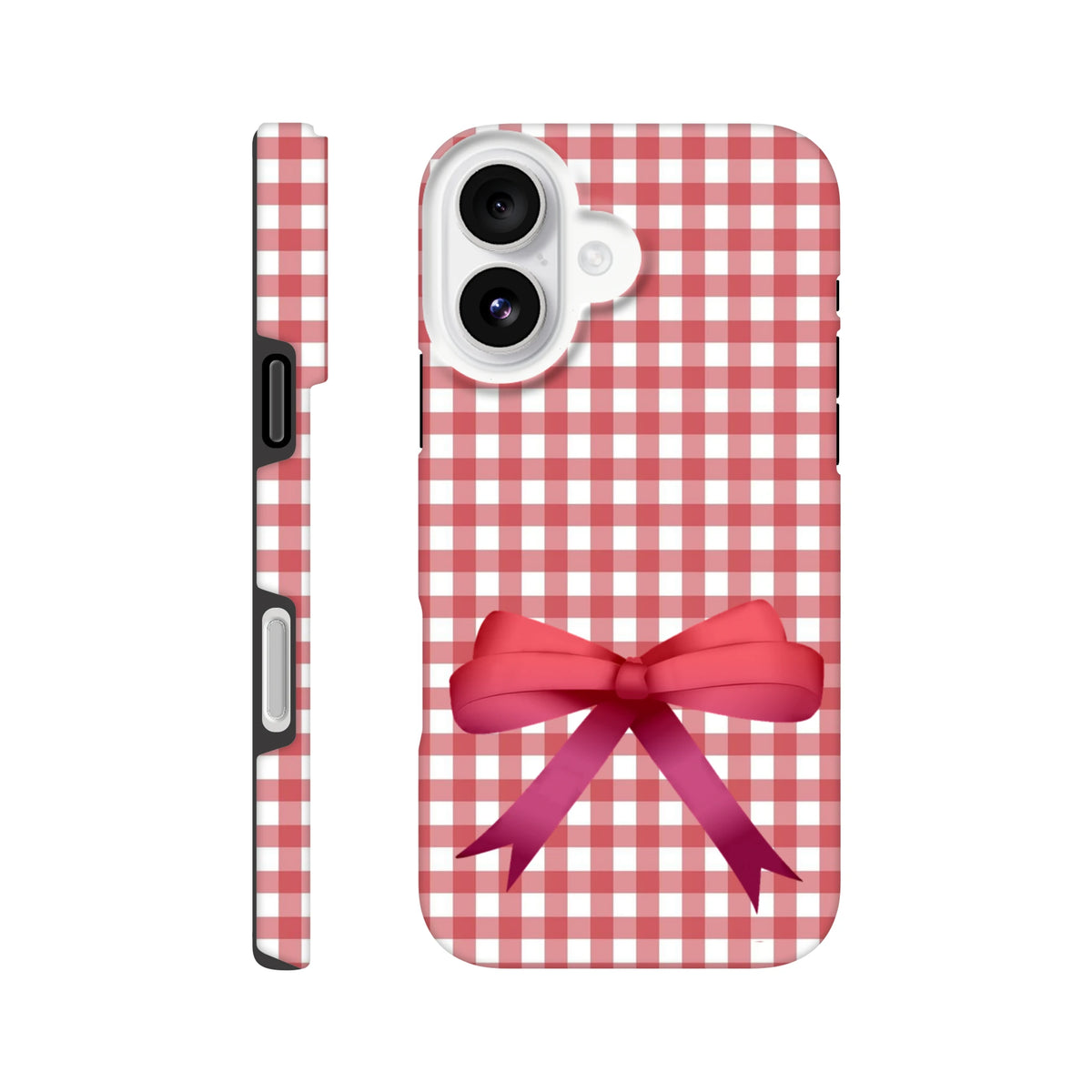 Red gingham iPhone case with a large pink bow. Coquette style tough phone cover featuring a crisp checkered wraparound print for stylish protection.