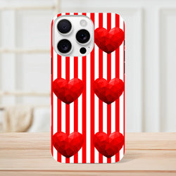 Red and white striped iPhone case with faceted red heart graphics. Retro love tough phone cover for iPhone 13-16.