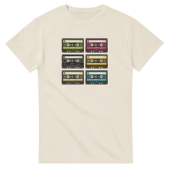 Cream women's Retro Cassette Collection T Shirt featuring a grid of colorful 80s cassette tapes.