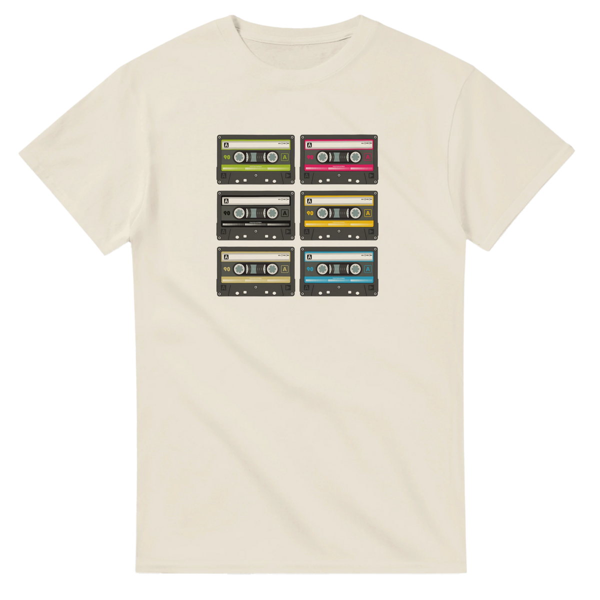 Cream women's Retro Cassette Collection T Shirt featuring a grid of colorful 80s cassette tapes.
