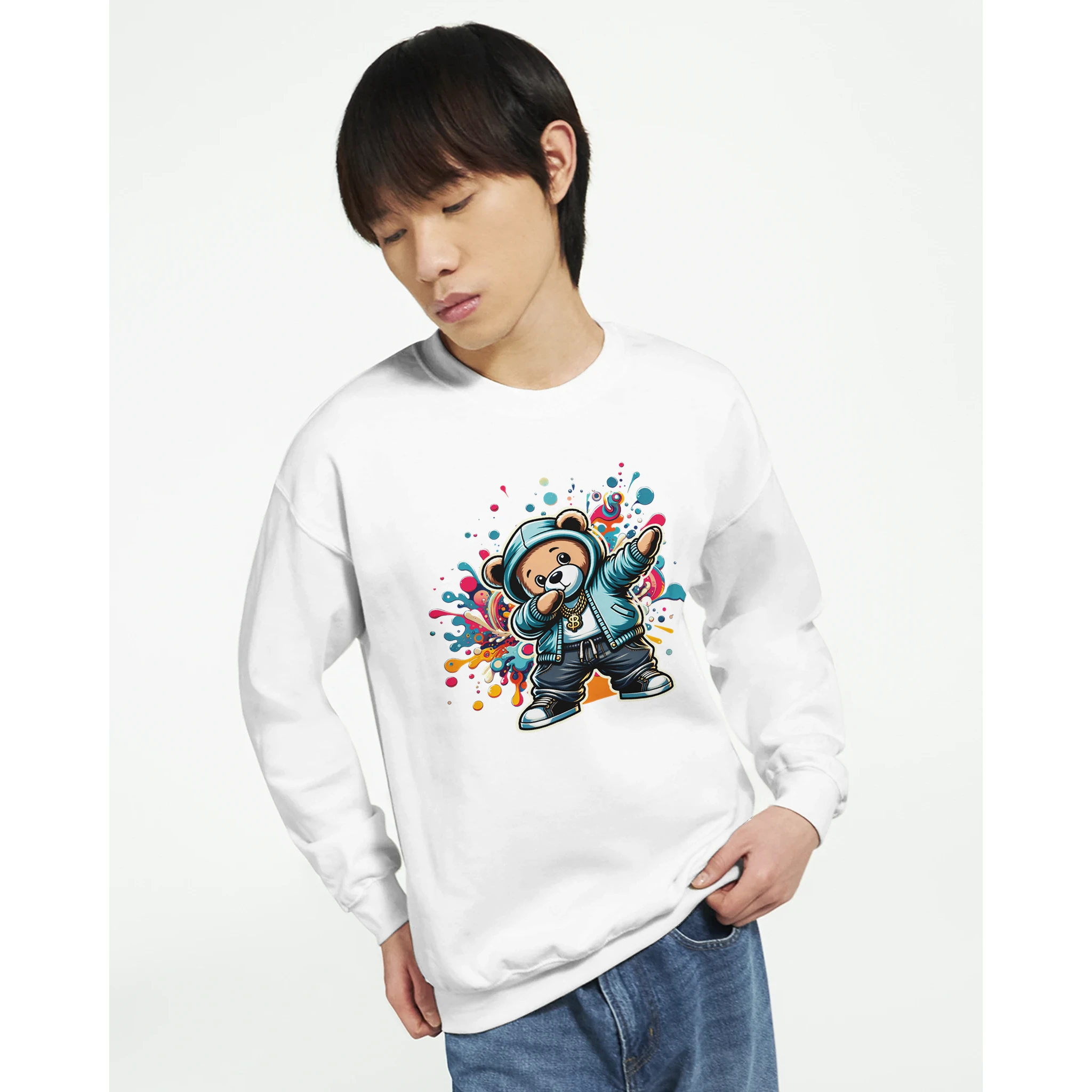 White Dab Teddy Bear men's graphic sweatshirt featuring a hoodie-clad bear and vibrant splash graffiti.