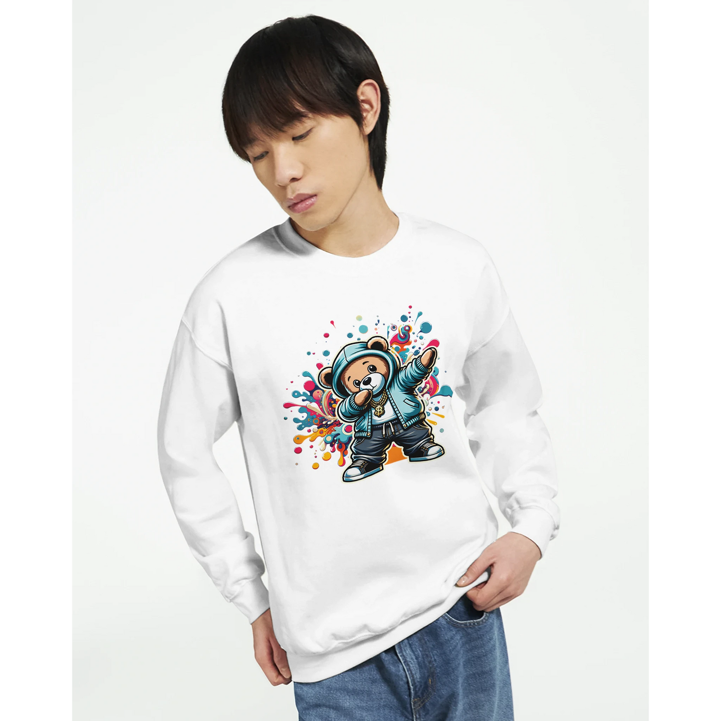Person wearing a white men's graphic sweatshirt with a colorful bear graphic design on a plain background