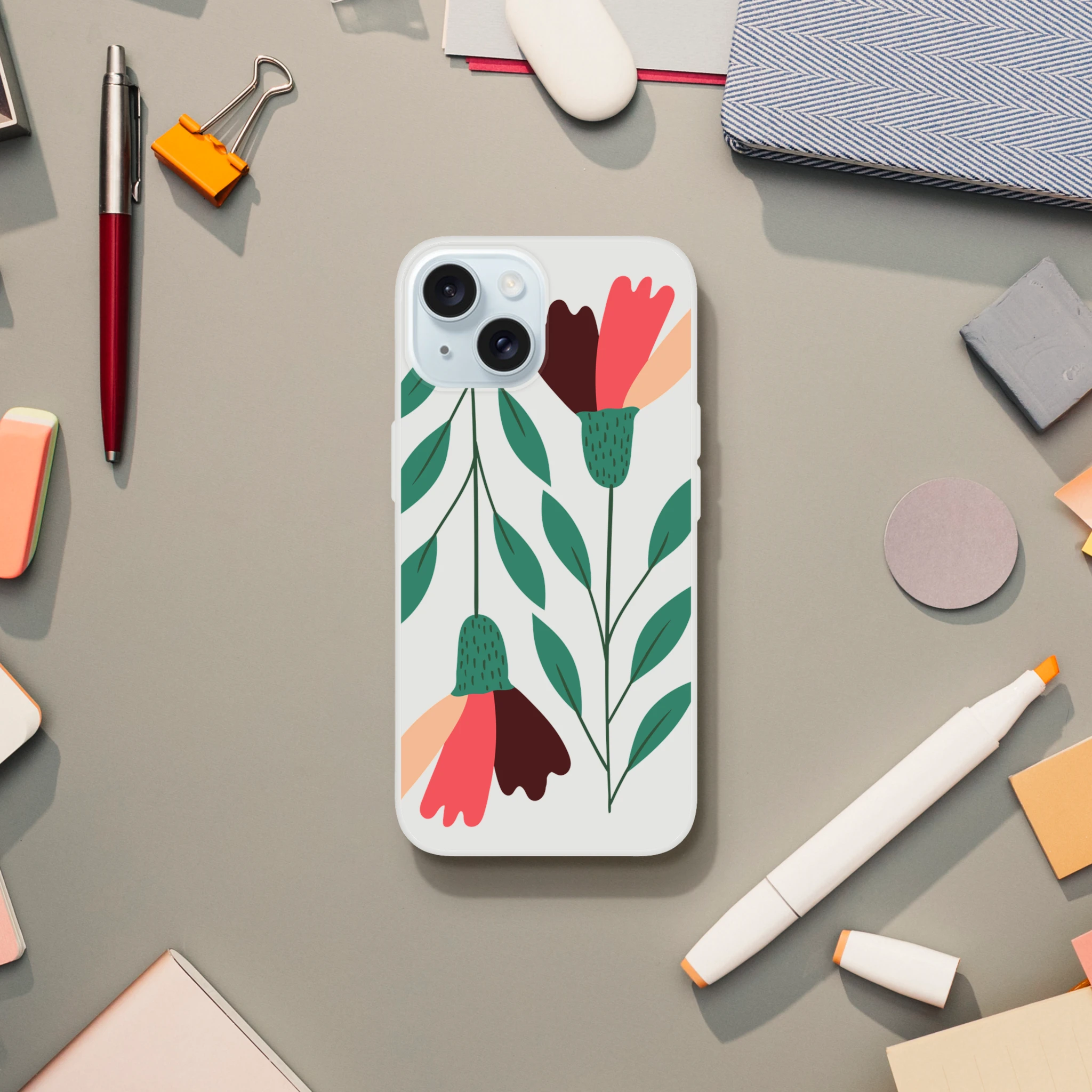 Clear floral phone case slim protective cover for iPhone 13-16 with green leaves and pink petals.