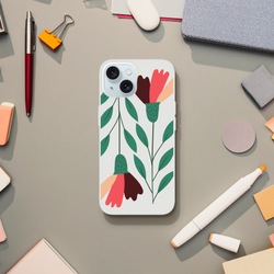 Clear floral phone case slim protective cover for iPhone 13-16 with green leaves and pink petals.