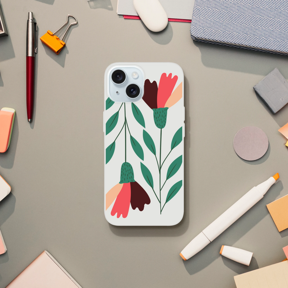 Clear floral phone case slim protective cover for iPhone 13-16 with green leaves and pink petals.