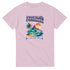 Pink shirt with Tropical Paradise graphic featuring palm tree, mountains, sun, and ocean waves.